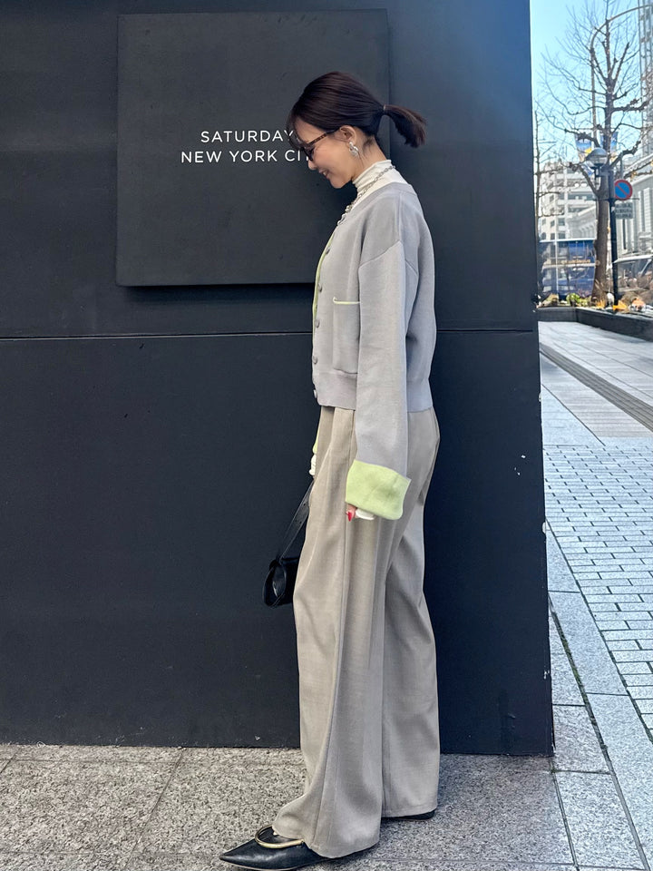 【予約】[SET] 配色ダブルフェイスカーディガン / グレー×ライム + ウエストパイピングワイドパンツ / グレージュ(4月上旬発送予定)