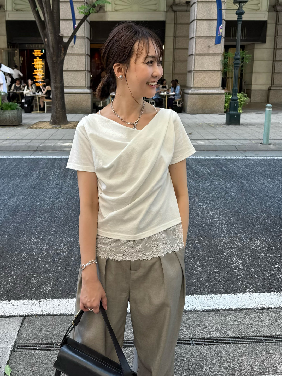 [新作300円OFF] レースレイヤードドレープTシャツ / オフホワイト