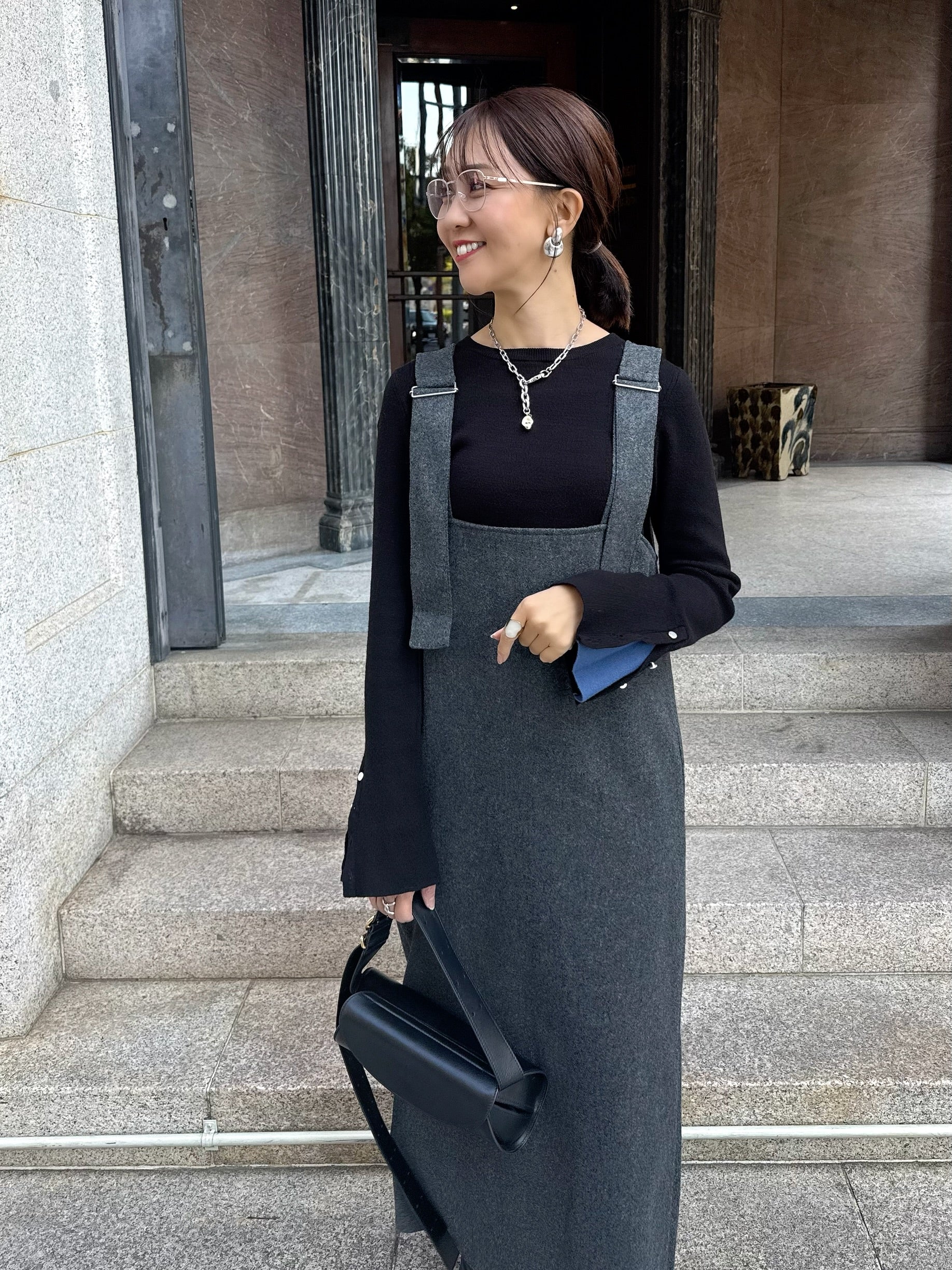 予約】 ウールライクVネックジャンパースカート / チャコール(1月上旬