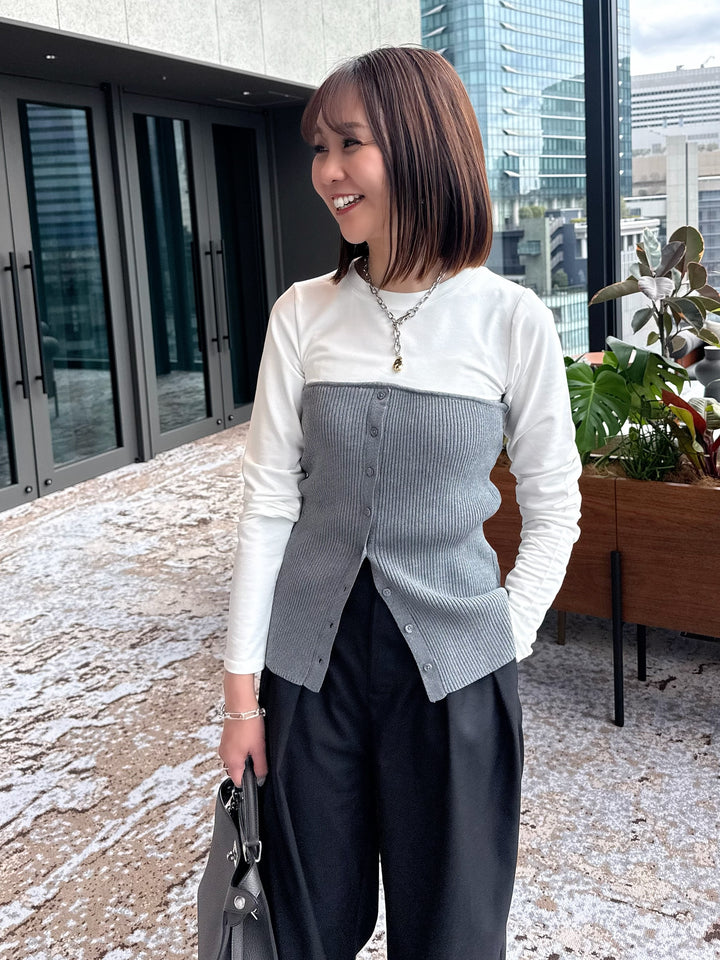 [新作300円OFF] リブニットビスチェドッキングTシャツ / オフホワイト×グレー