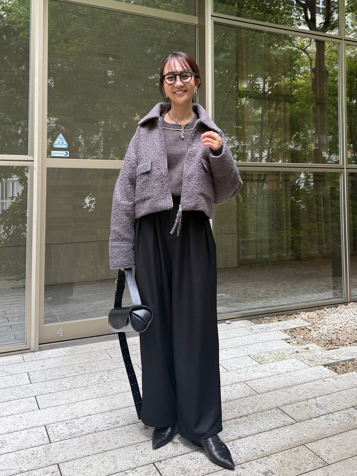 [SET] ループツイードショートジャケット / グレー + ウエストパイピングワイドパンツ / ブラック