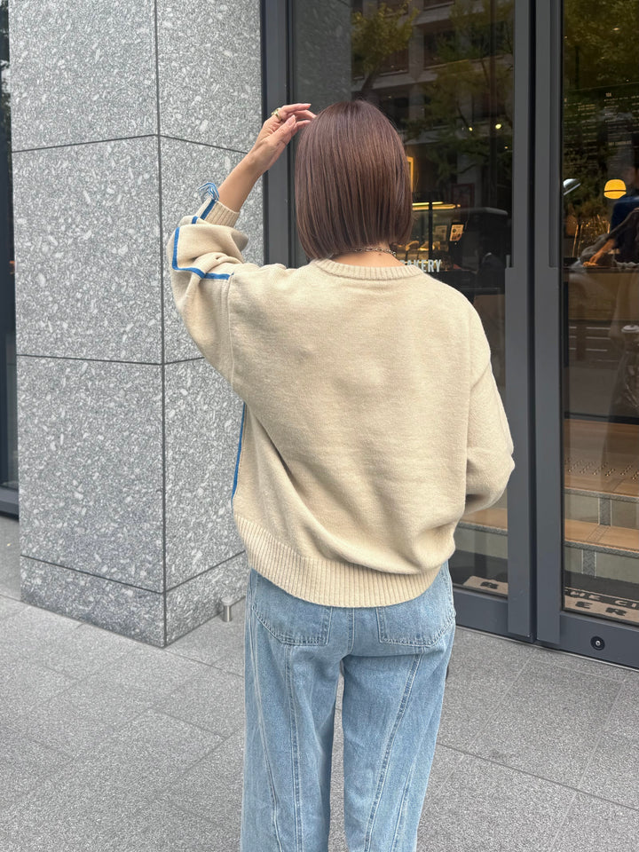 アルパカタッチ配色ラインプルオーバー / アイボリー