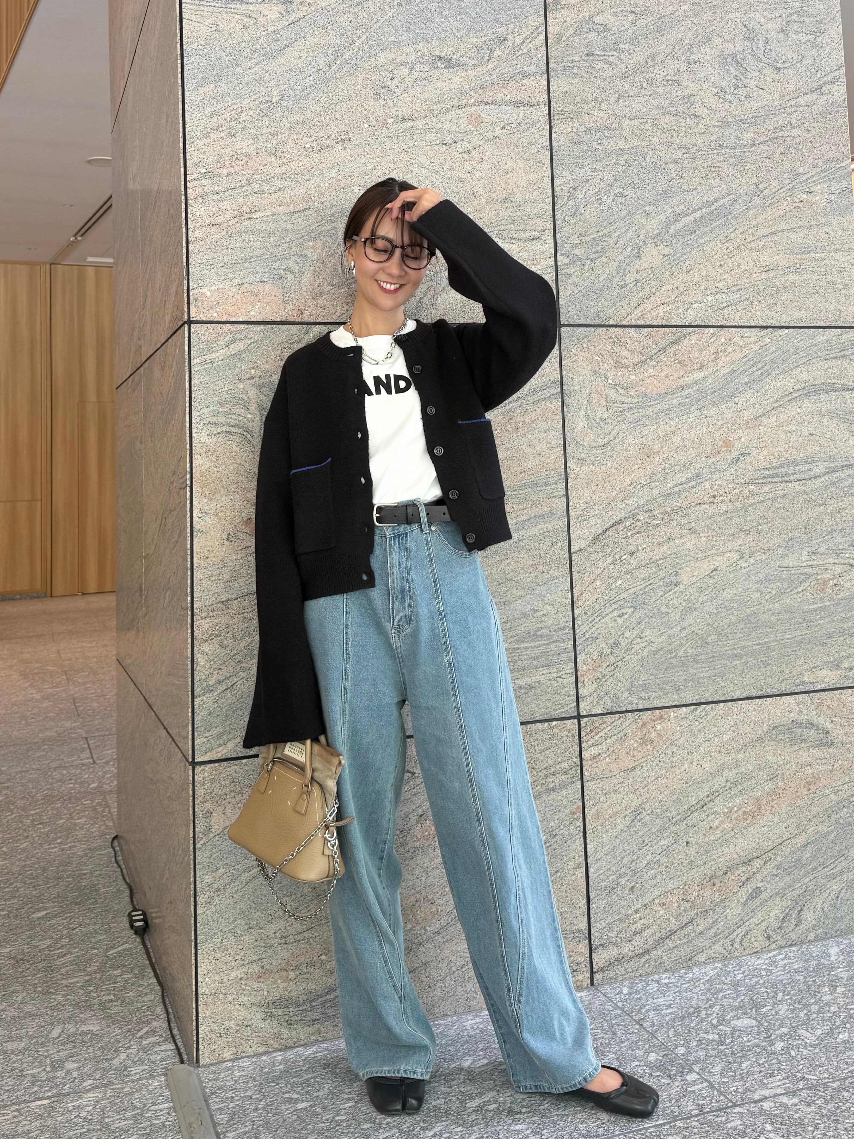 SET] アルパカタッチバイカラーカーディガン / ブラック + 切替え