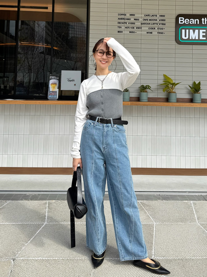 [新作300円OFF] リブニットビスチェドッキングTシャツ / オフホワイト×グレー