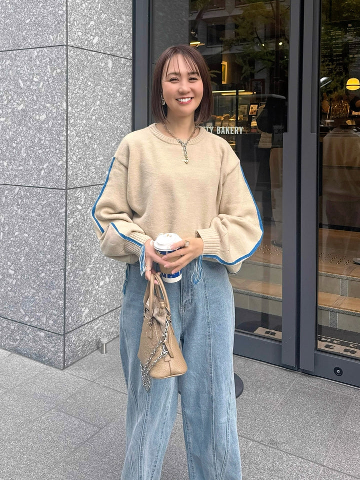 アルパカタッチ配色ラインプルオーバー / アイボリー