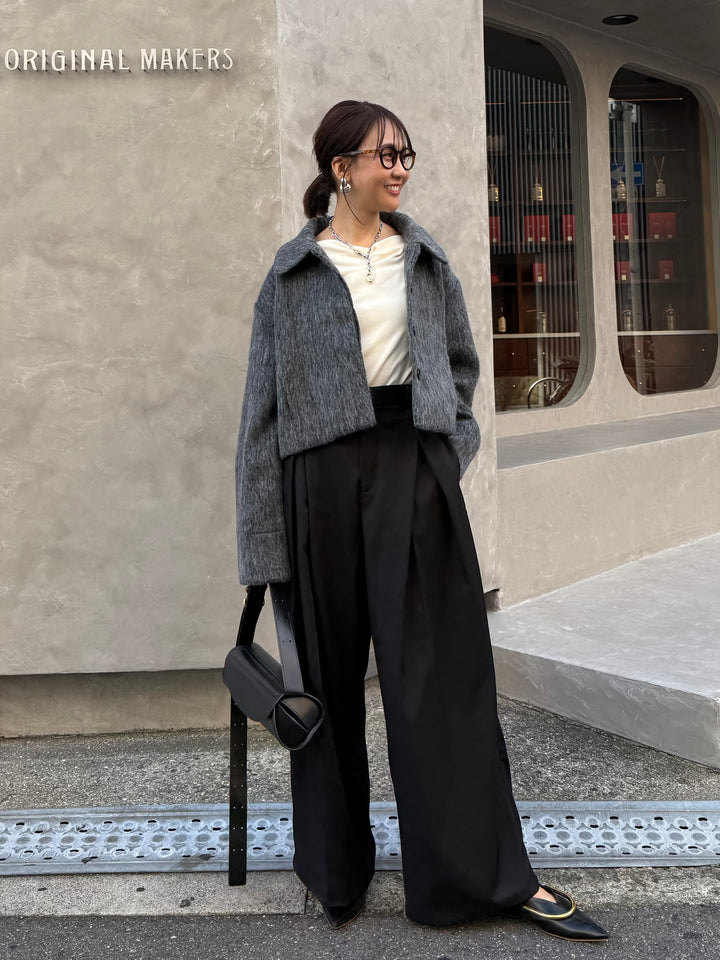 [SET] シャギーショートジャケット / グレー + ツイルタックパンツ / ブラック