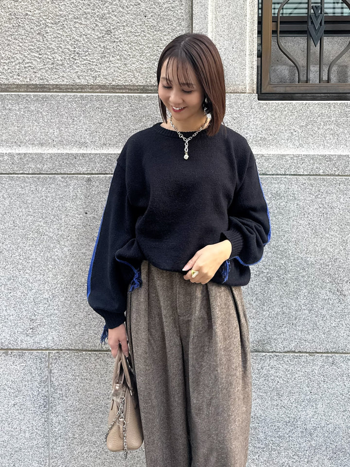 アルパカタッチ配色ラインプルオーバー / ブラック