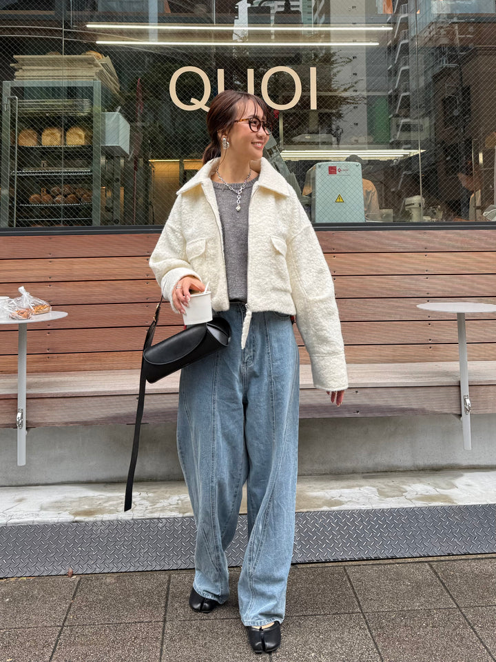 [SET] ループツイードショートジャケット / アイボリー + 切替えストレートデニムパンツ / ブルー