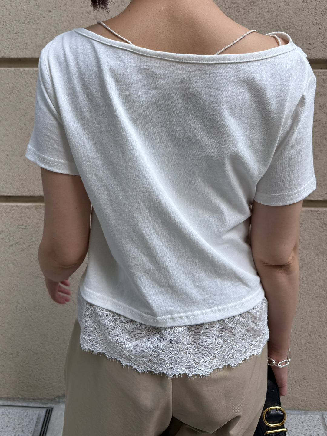 [新作300円OFF] レースレイヤードドレープTシャツ / オフホワイト