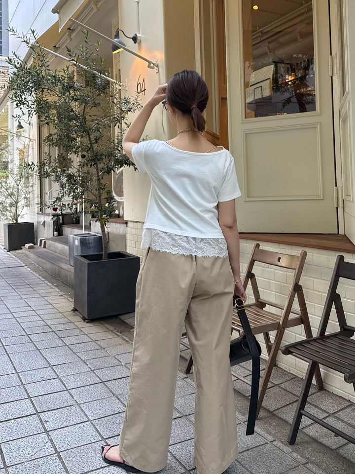 [新作300円OFF] レースレイヤードドレープTシャツ / オフホワイト