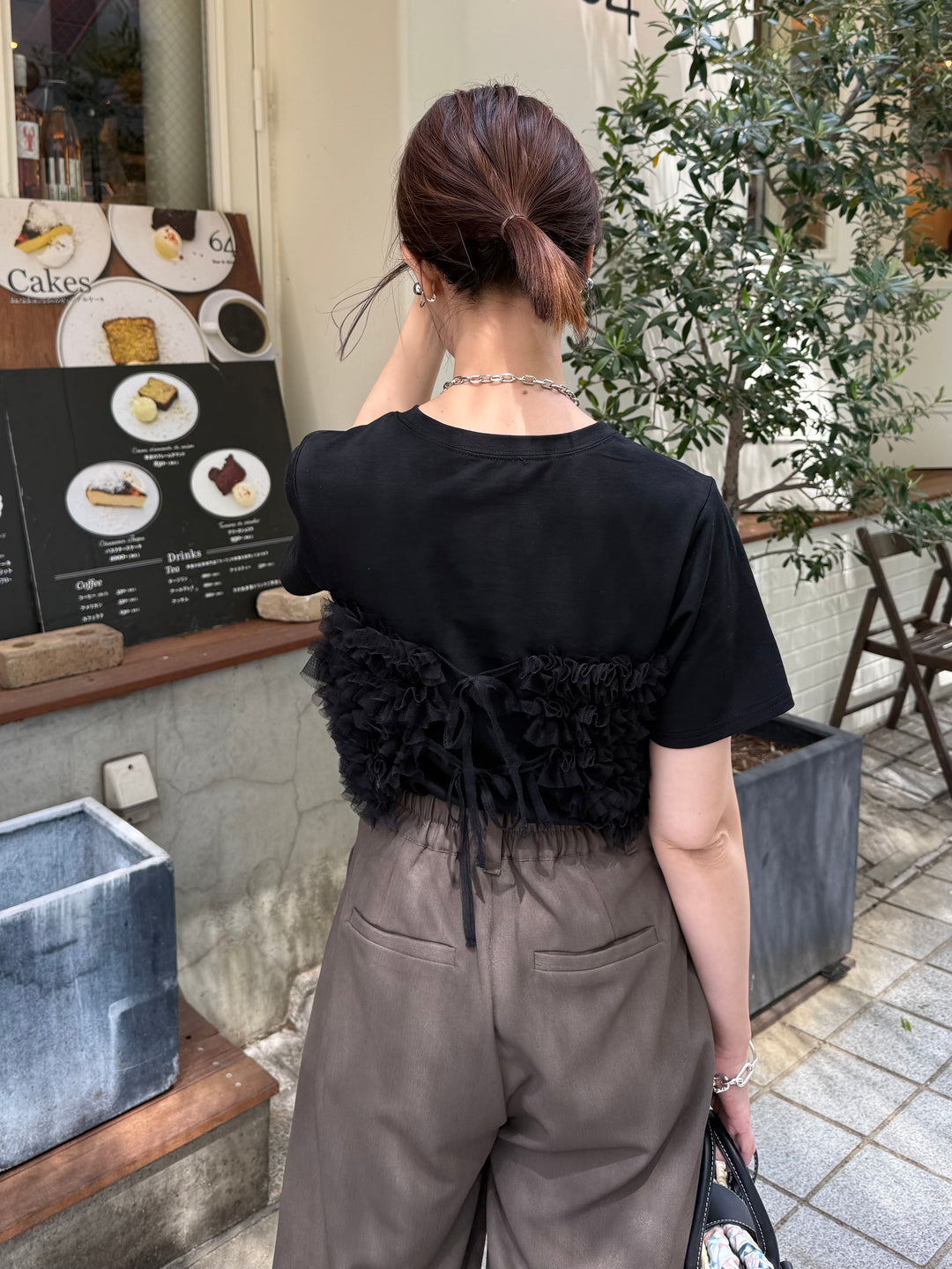 チュールフリルビスチェ見えTシャツ / ブラック