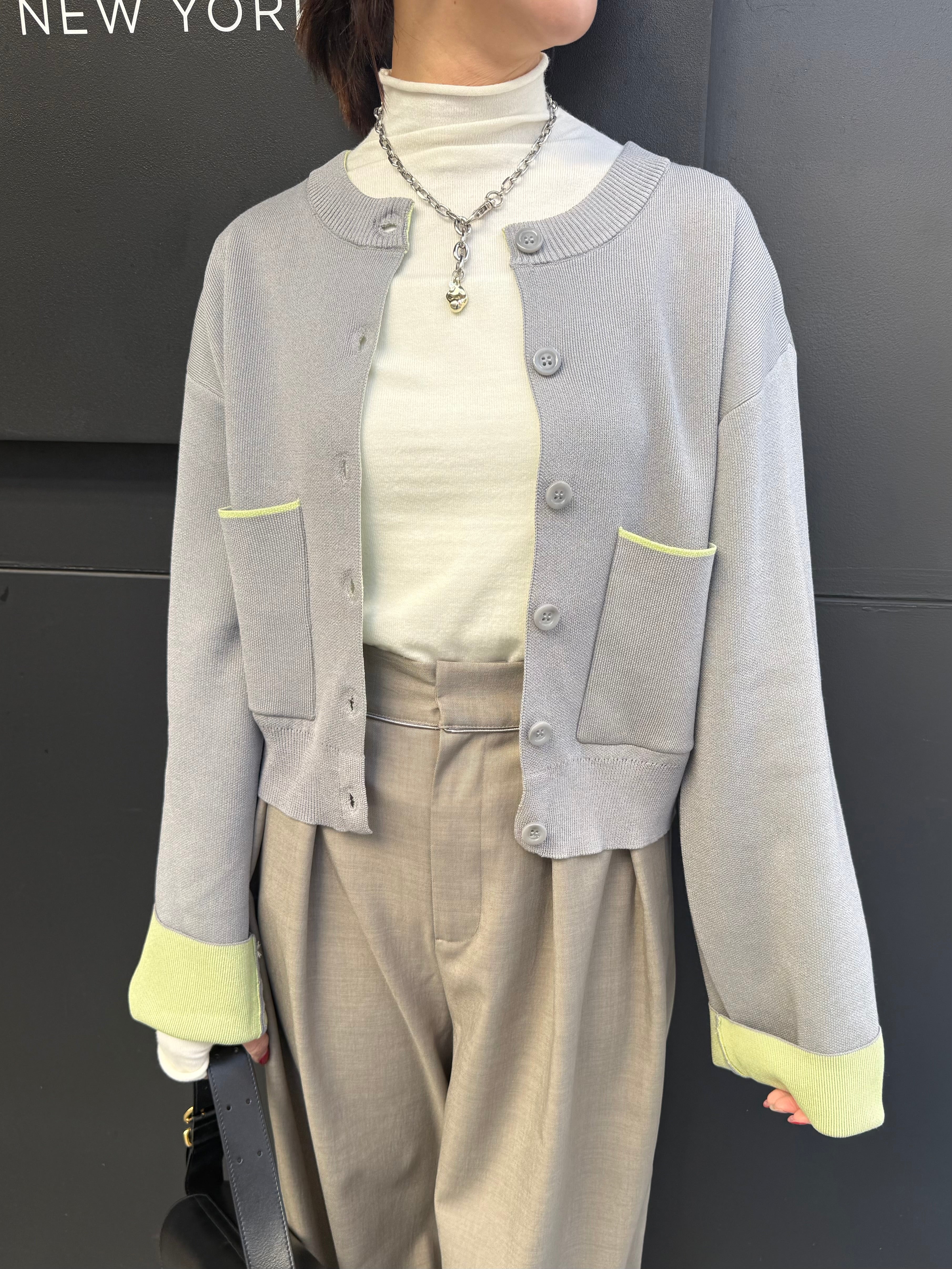 予約】配色ダブルフェイスカーディガン / グレー×ライム(1月下旬発送