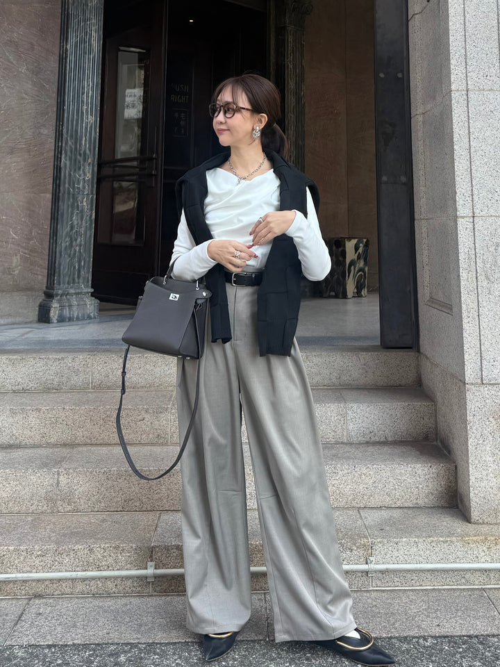 【予約】ウエストパイピングワイドパンツ / グレージュ(4月上旬発送予定)