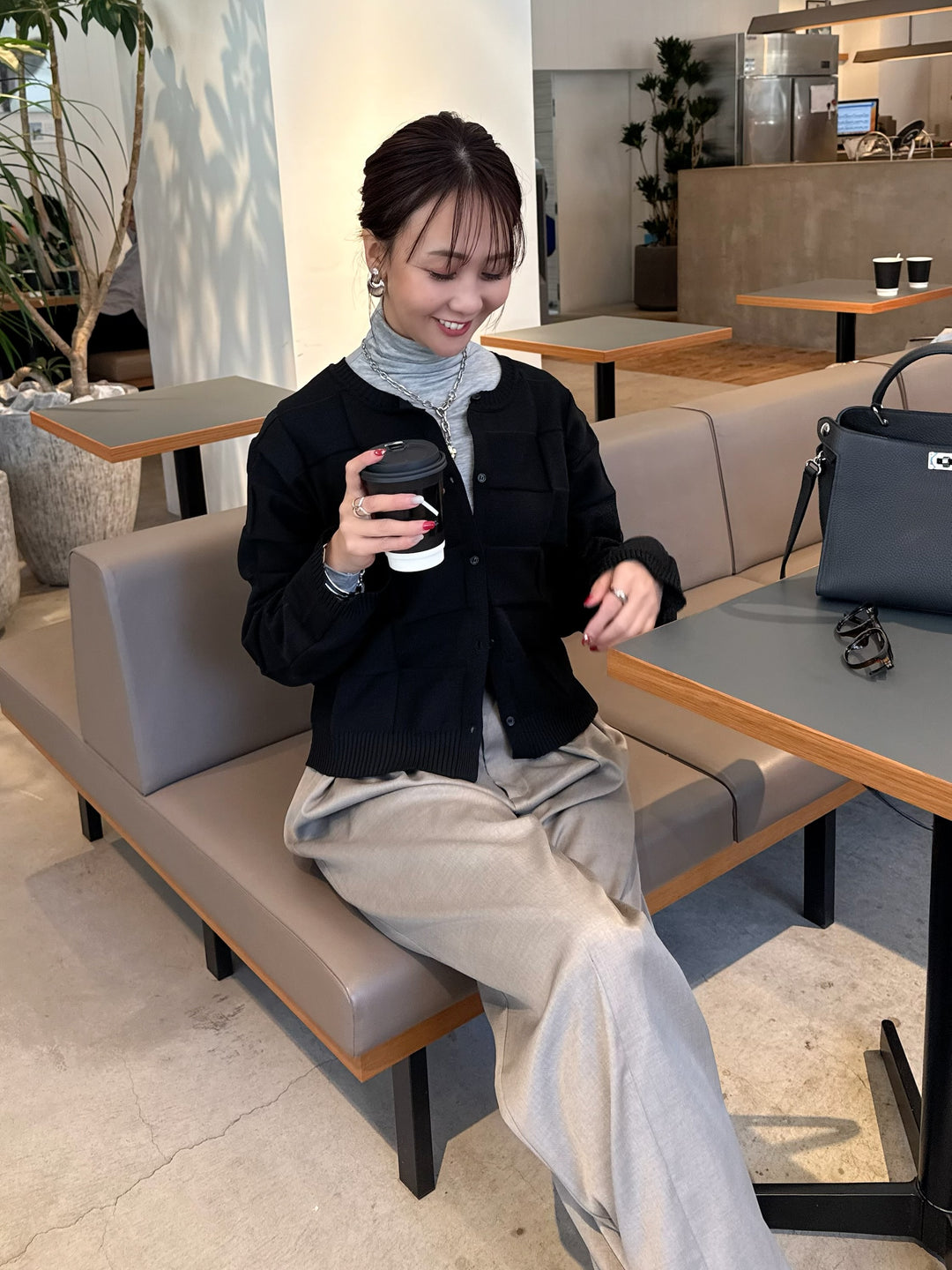 【予約】格子ニットカーディガン / ブラック(3月上旬発送予定)