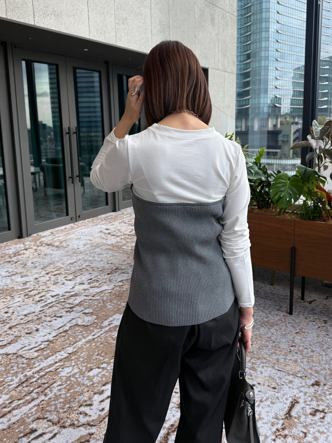 [新作300円OFF] リブニットビスチェドッキングTシャツ / オフホワイト×グレー