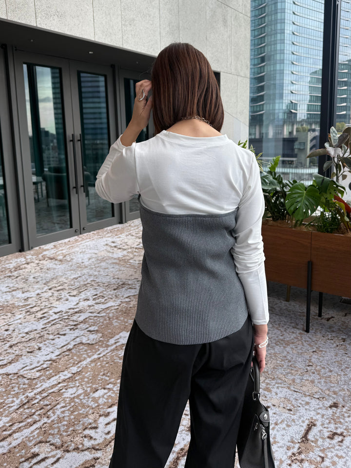 [新作300円OFF] リブニットビスチェドッキングTシャツ / オフホワイト×グレー