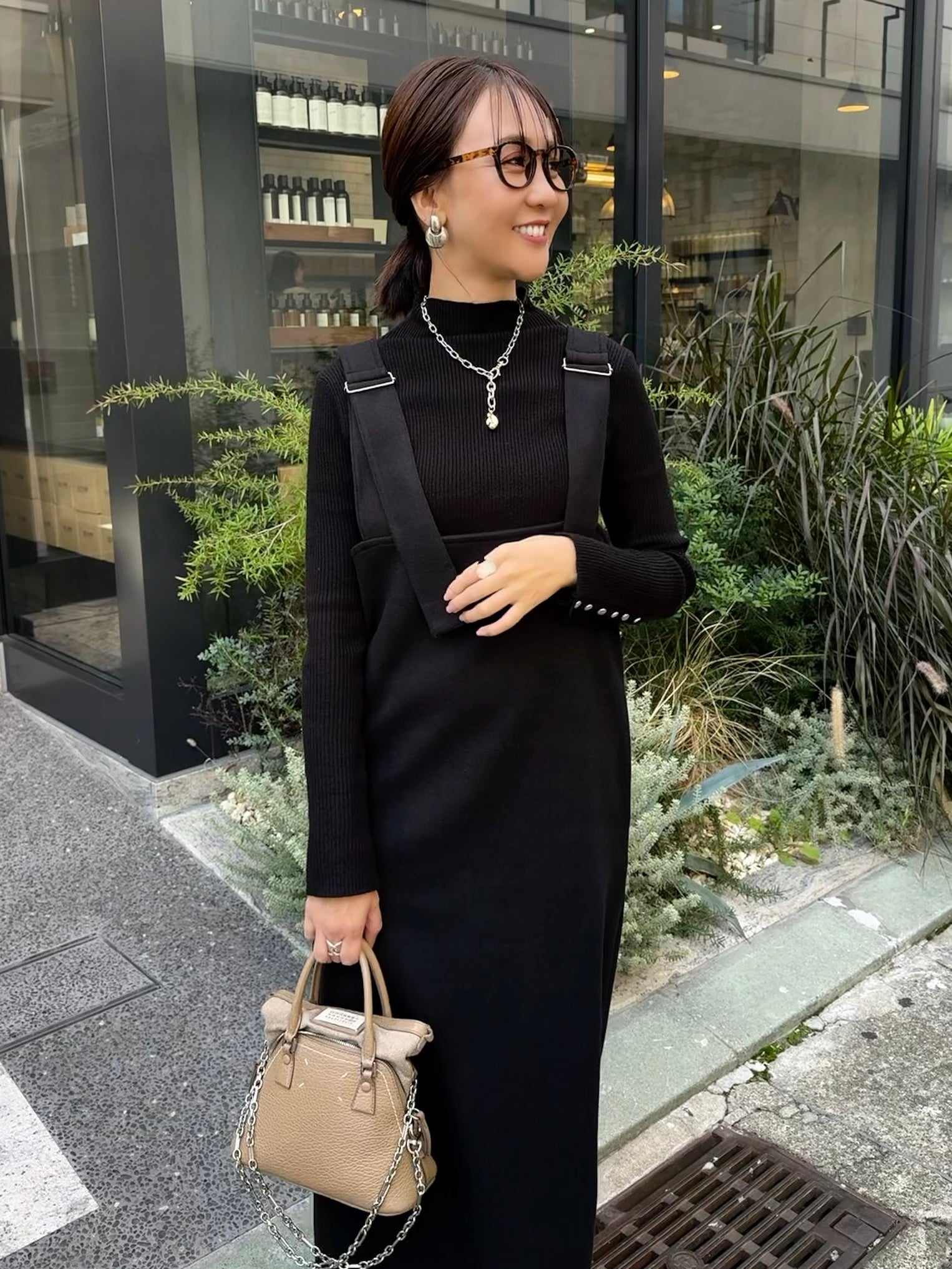 予約】ウールライクVネックジャンパースカート / ブラック(11月下旬