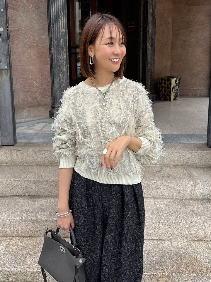 【予約】麻タッチフリンジニットショート丈プルオーバー/ アイボリー(2月上旬発送予定)