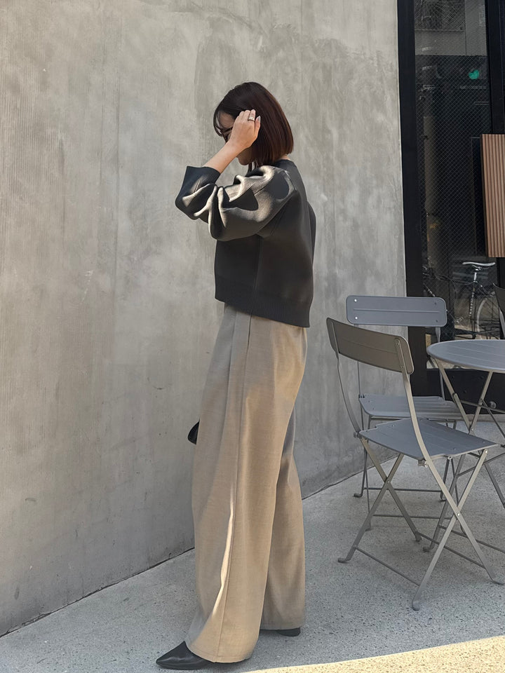 【予約】[SET] クロップド丈ダンボールニット /チャコール + ウエストパイピングワイドパンツ / グレージュ(4月上旬発送予定)