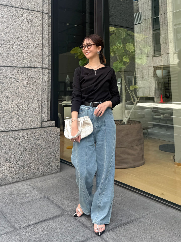 [新作300円OFF] [SET]起毛ドレープロングTシャツ / ブラック + 切替えストレートデニムパンツ / ブルー