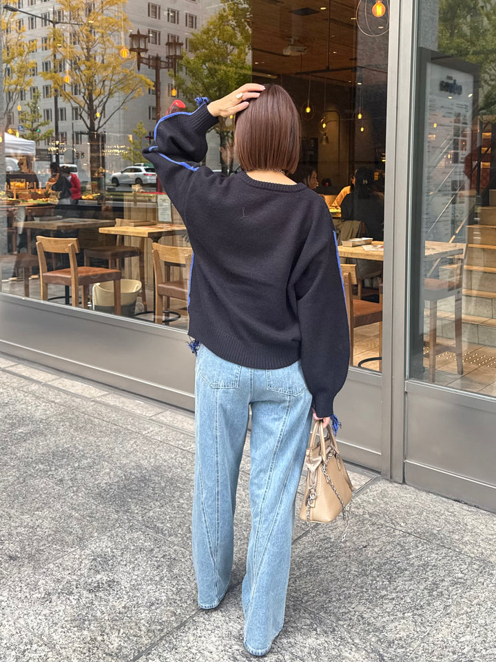 アルパカタッチ配色ラインプルオーバー / ブラック