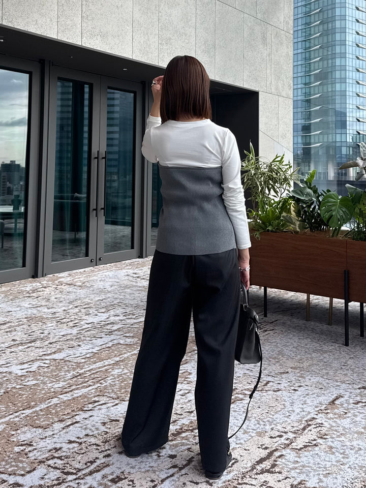 [新作300円OFF] リブニットビスチェドッキングTシャツ / オフホワイト×グレー + ウエストパイピングワイドパンツ / ブラック(4月上旬発送予定)