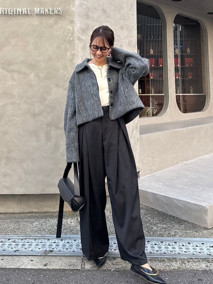 [SET] シャギーショートジャケット / グレー + ツイルタックパンツ / ブラック