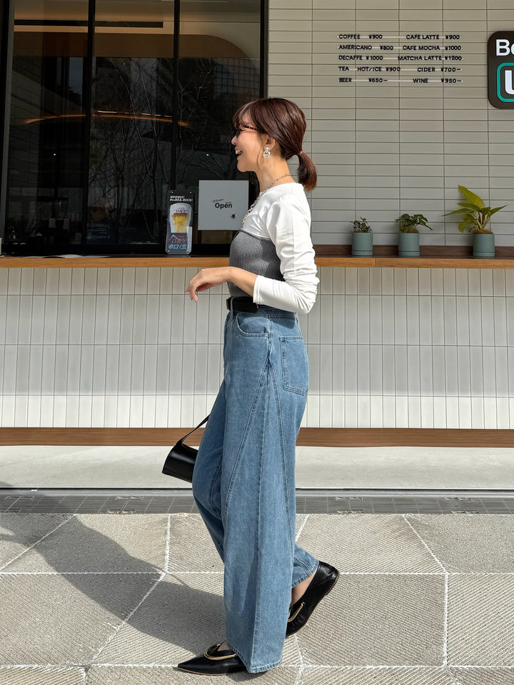 [新作300円OFF] リブニットビスチェドッキングTシャツ / オフホワイト×グレー