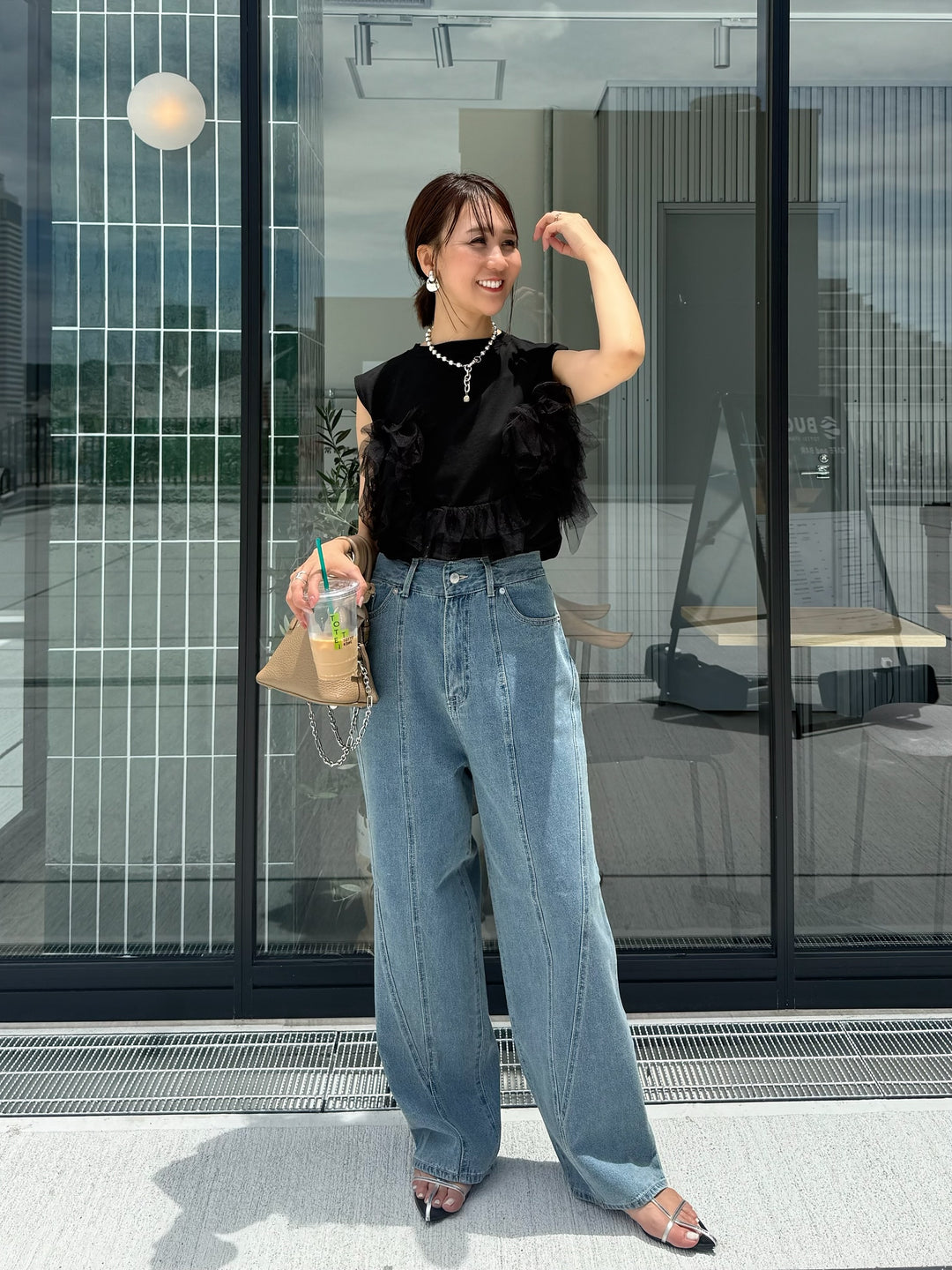切替えストレートデニムパンツ / ブルー