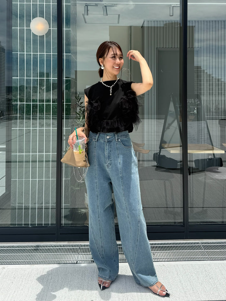 切替えストレートデニムパンツ / ブルー