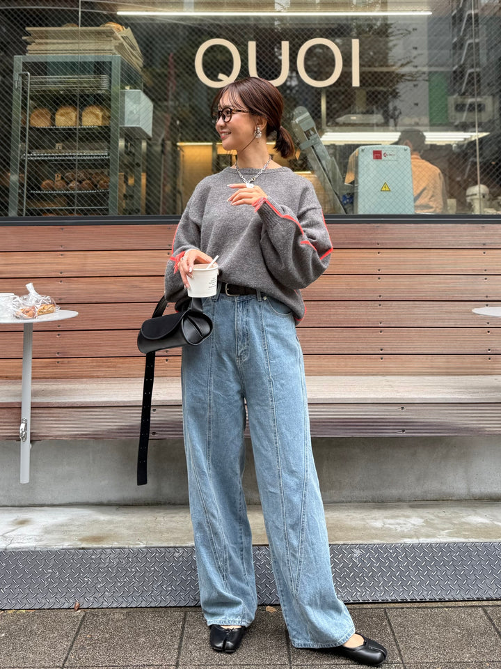 【予約】アルパカタッチ配色ラインプルオーバー / チャコール(12月中旬発送予定)