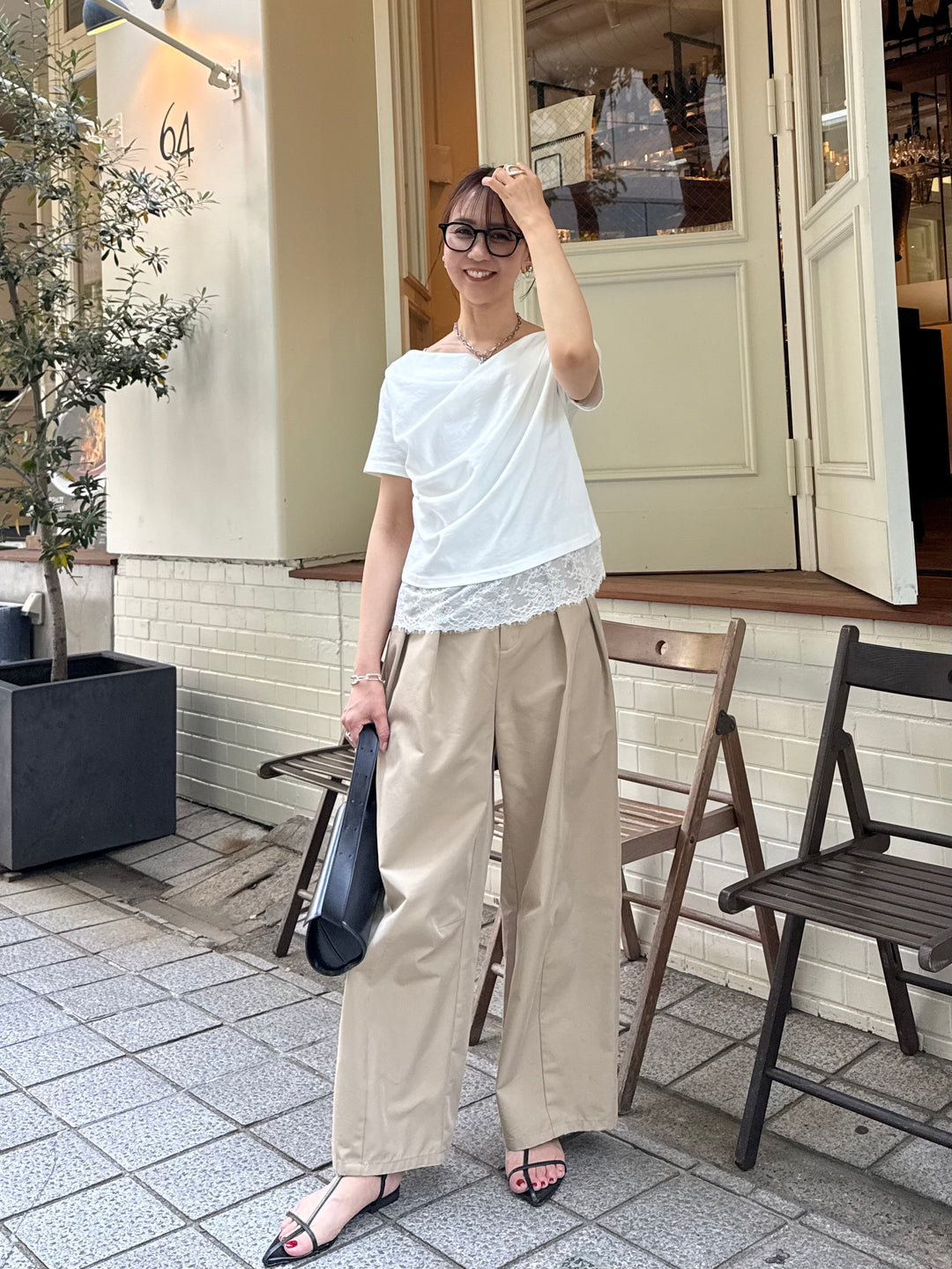 [新作300円OFF] レースレイヤードドレープTシャツ / オフホワイト