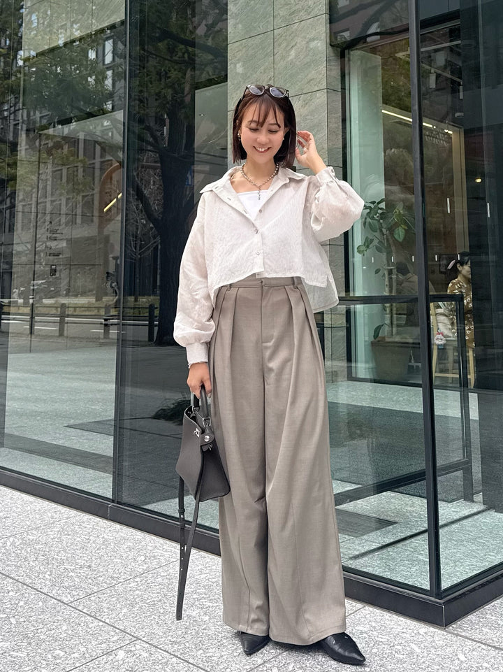 【予約】[SET] シアーストライプショート丈シャツ  / ライトグレー + ウエストパイピングワイドパンツ / グレージュ(4月上旬発送予定)