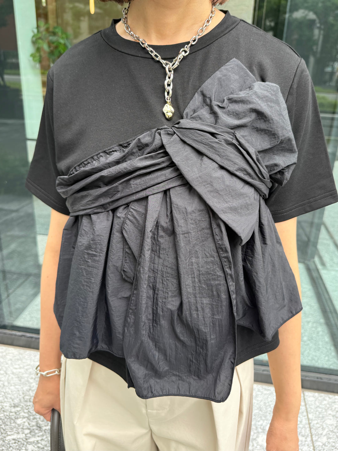 [新作300円OFF] 異素材ドッキングツイストTシャツ / ブラック