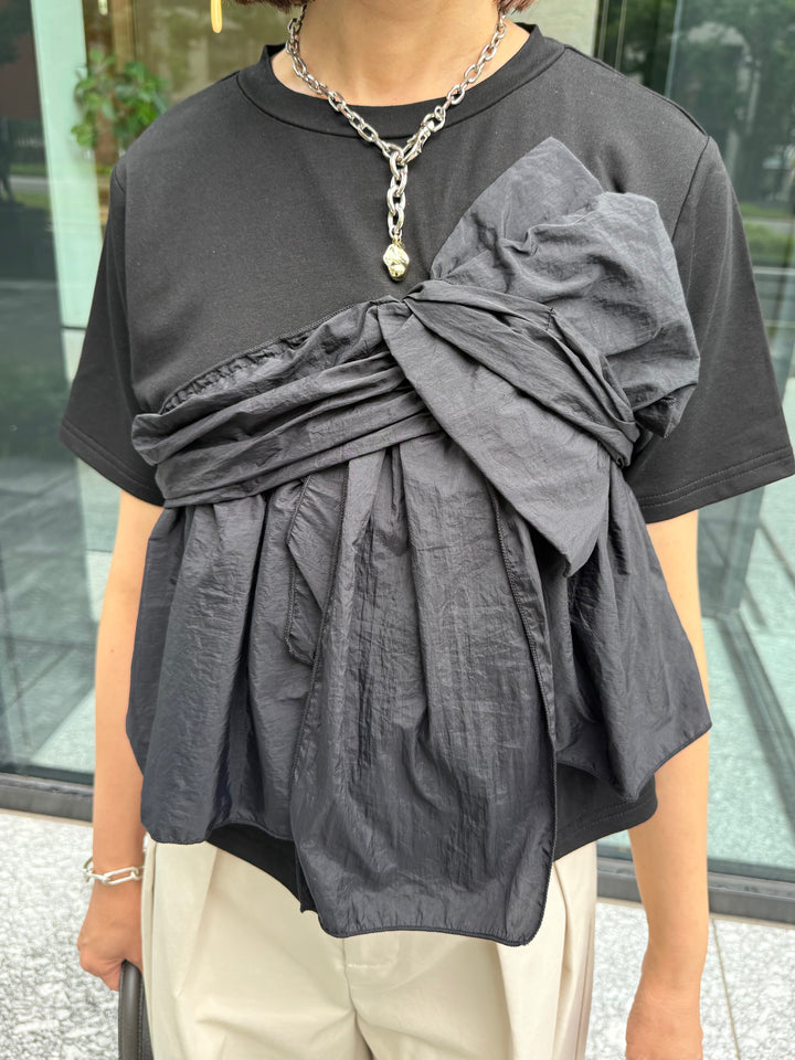 [新作300円OFF] 異素材ドッキングツイストTシャツ / ブラック