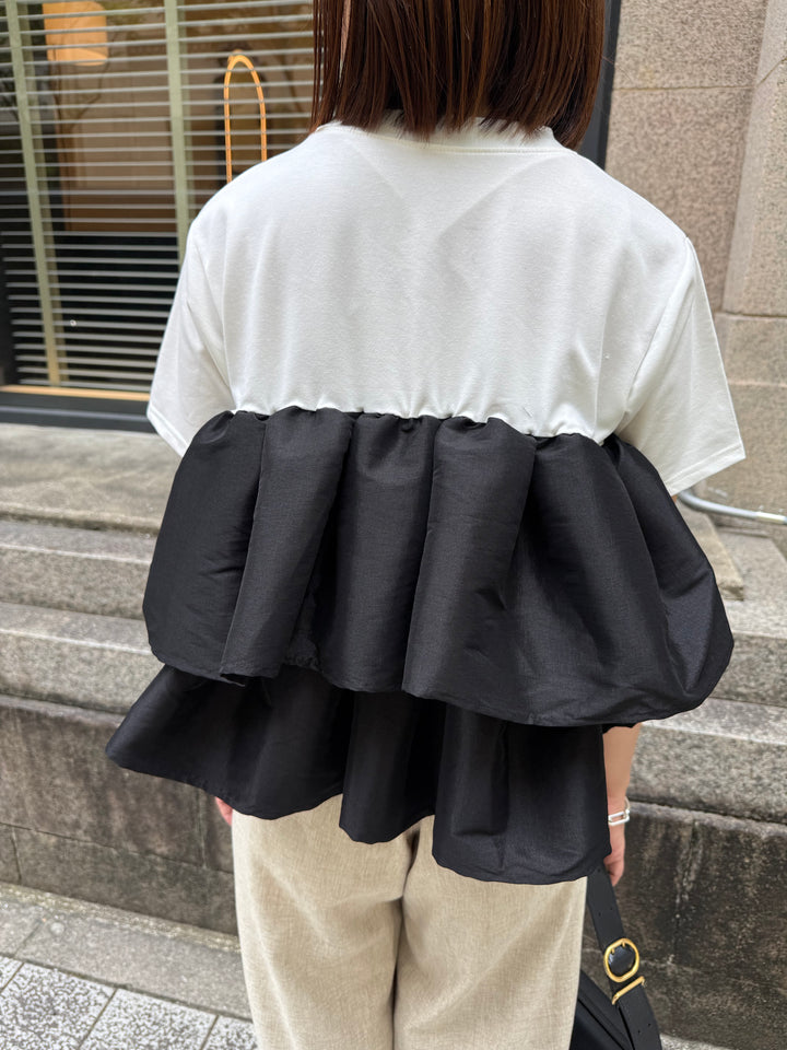 [新作300円OFF] ティアードフリルドッキングTシャツ / ホワイト×ブラック