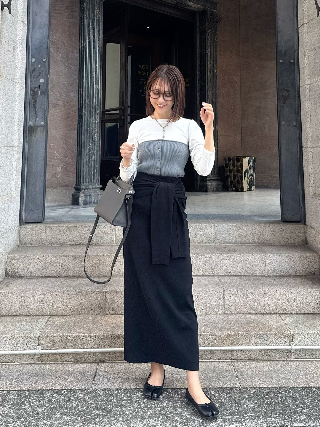 [新作300円OFF] リブニットビスチェドッキングTシャツ / オフホワイト×グレー