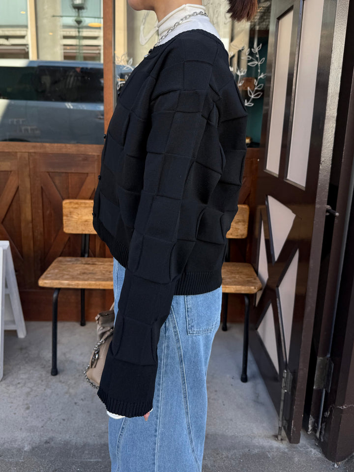 【予約】格子ニットカーディガン / ブラック(3月上旬発送予定)