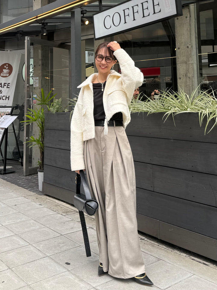 【予約 [SET] ループツイードショートジャケット / アイボリー + ツイルタックパンツ / グレージュ