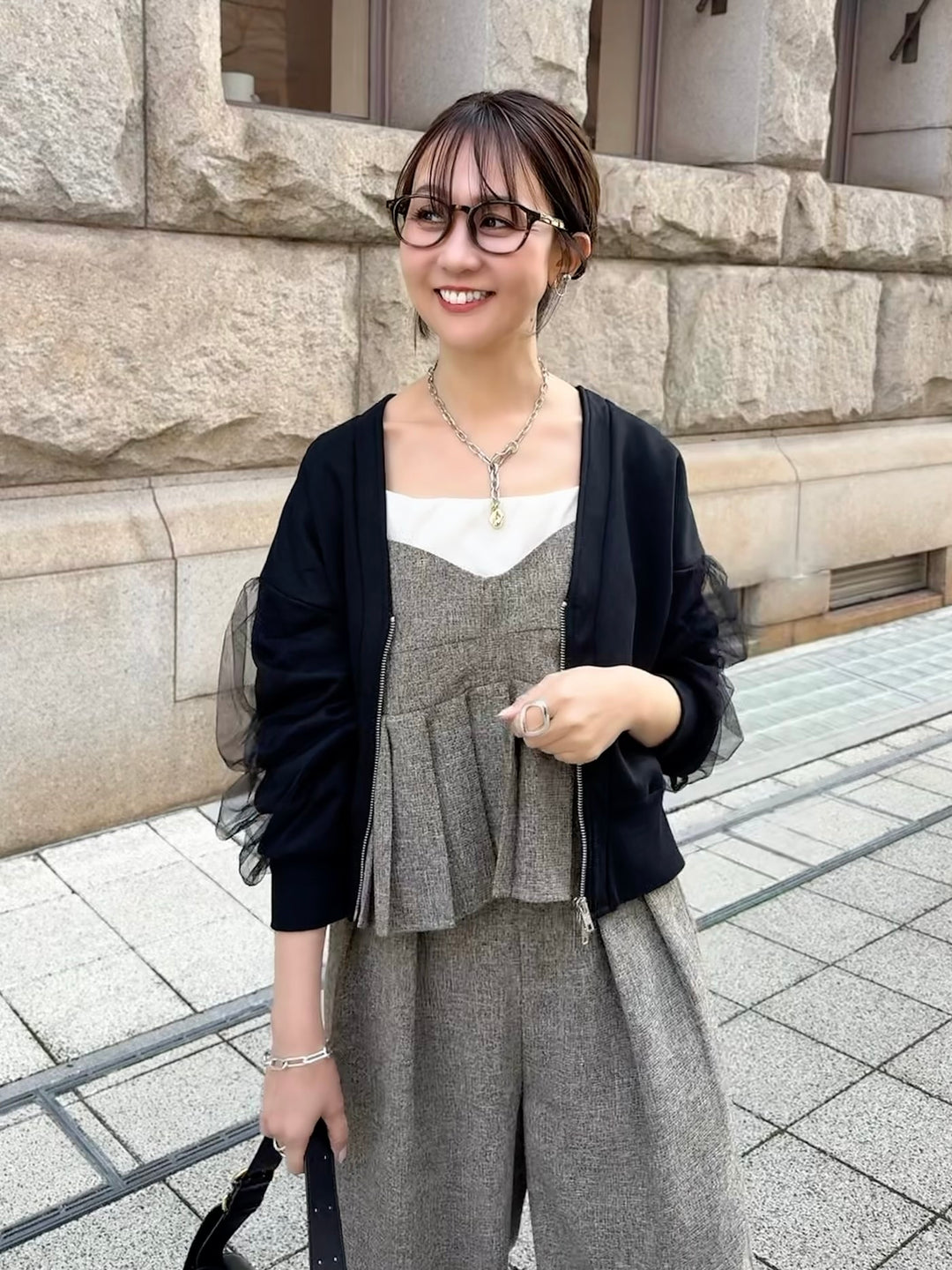 袖チュールカーディガン / ブラック