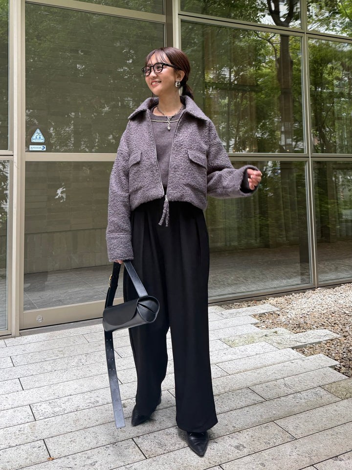 [SET] ループツイードショートジャケット / グレー + ウエストパイピングワイドパンツ / ブラック
