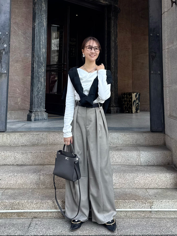 【予約】[SET] ドレープロングTシャツ / オフホワイト + ウエストパイピングワイドパンツ / グレージュ(4月上旬発送予定)