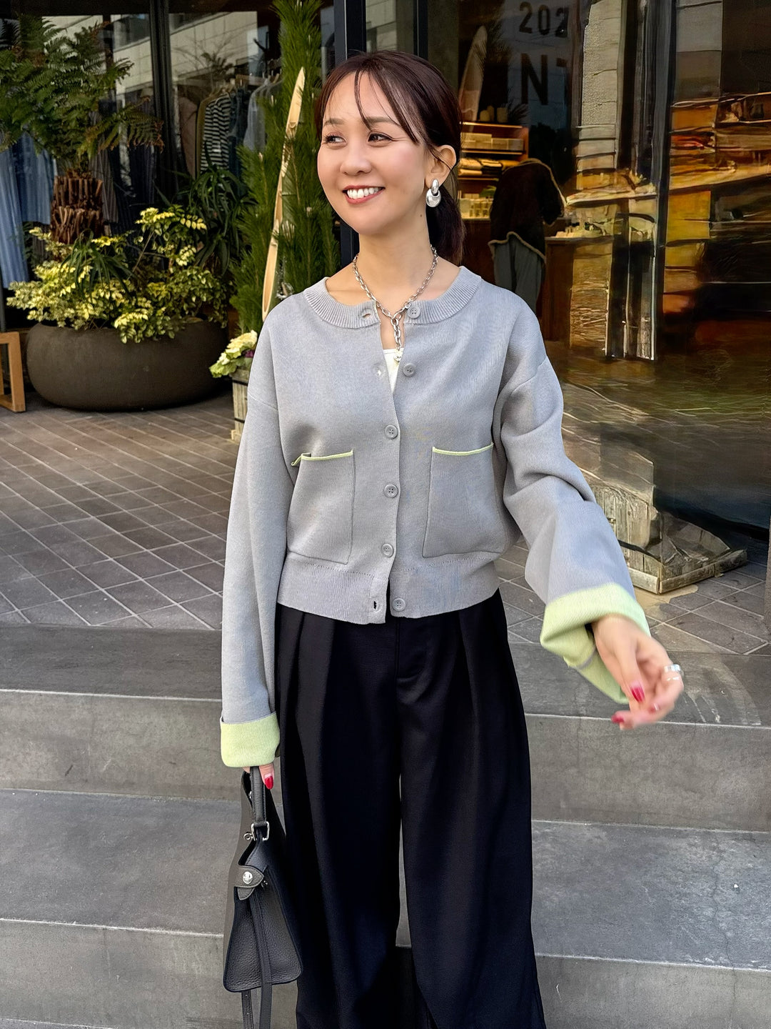 【予約】配色ダブルフェイスカーディガン / グレー×ライム(3月上旬発送発送予定)