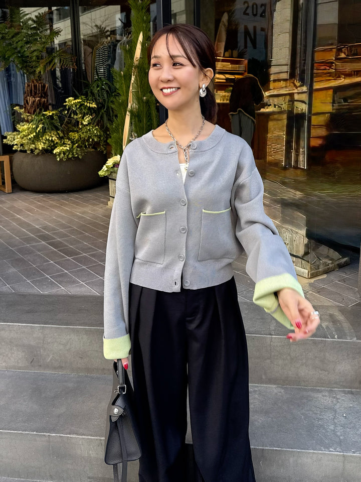 【予約】配色ダブルフェイスカーディガン / グレー×ライム(3月上旬発送発送予定)