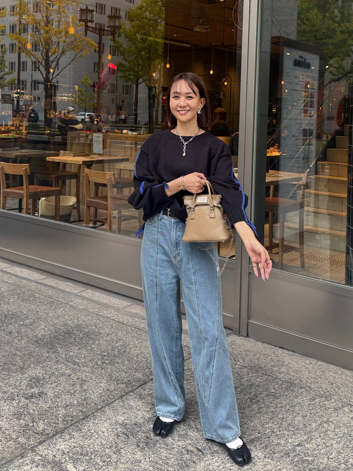 アルパカタッチ配色ラインプルオーバー / ブラック