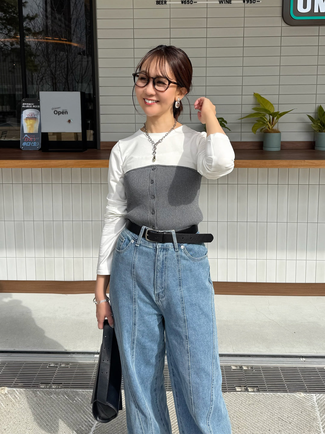 [新作300円OFF] リブニットビスチェドッキングTシャツ / オフホワイト×グレー