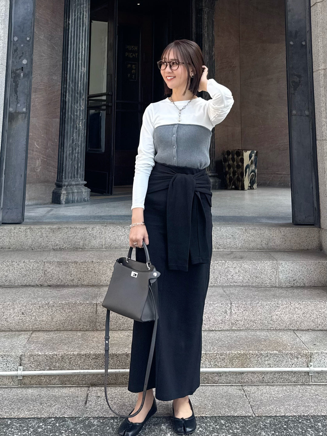 [新作300円OFF] リブニットビスチェドッキングTシャツ / オフホワイト×グレー