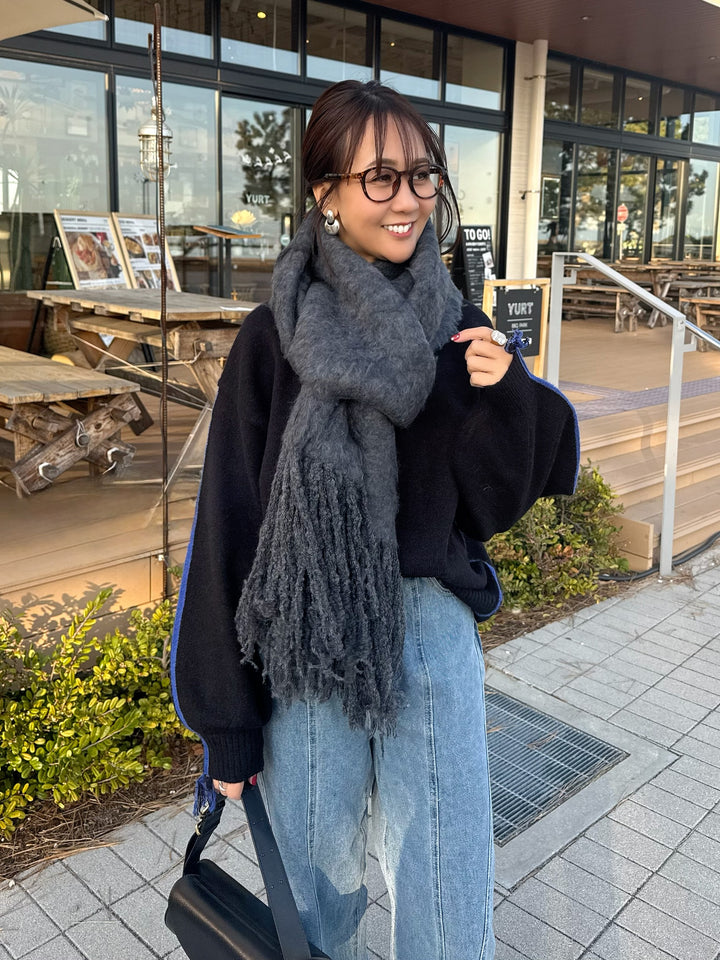 アルパカタッチ配色ラインプルオーバー / ブラック