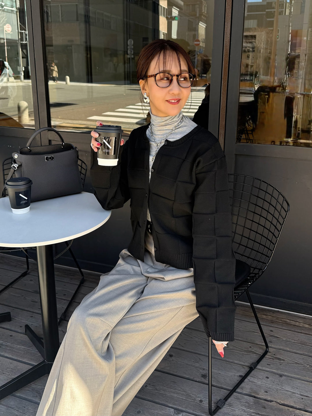 【予約】格子ニットカーディガン / ブラック(3月上旬発送予定)