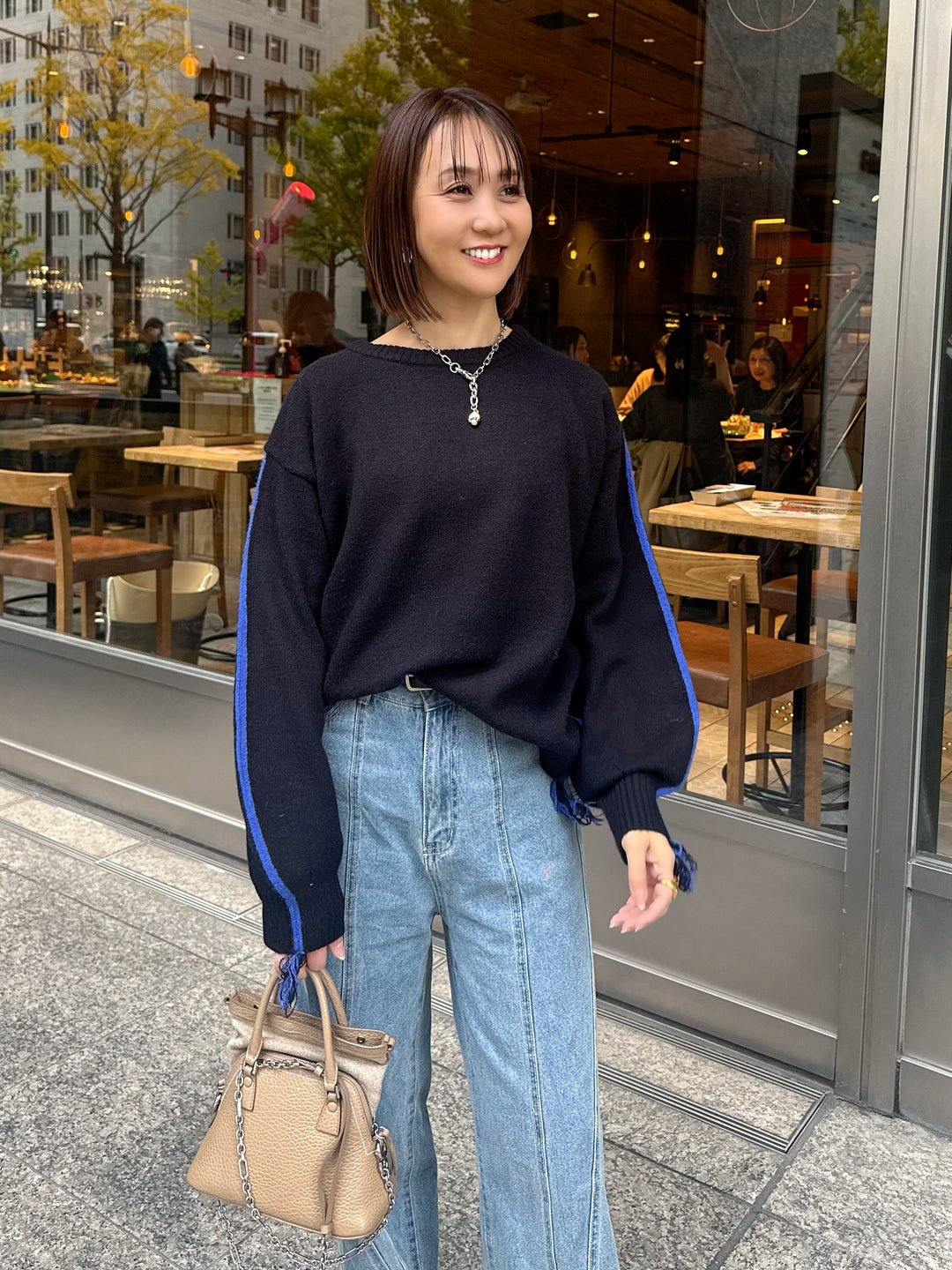 アルパカタッチ配色ラインプルオーバー / ブラック